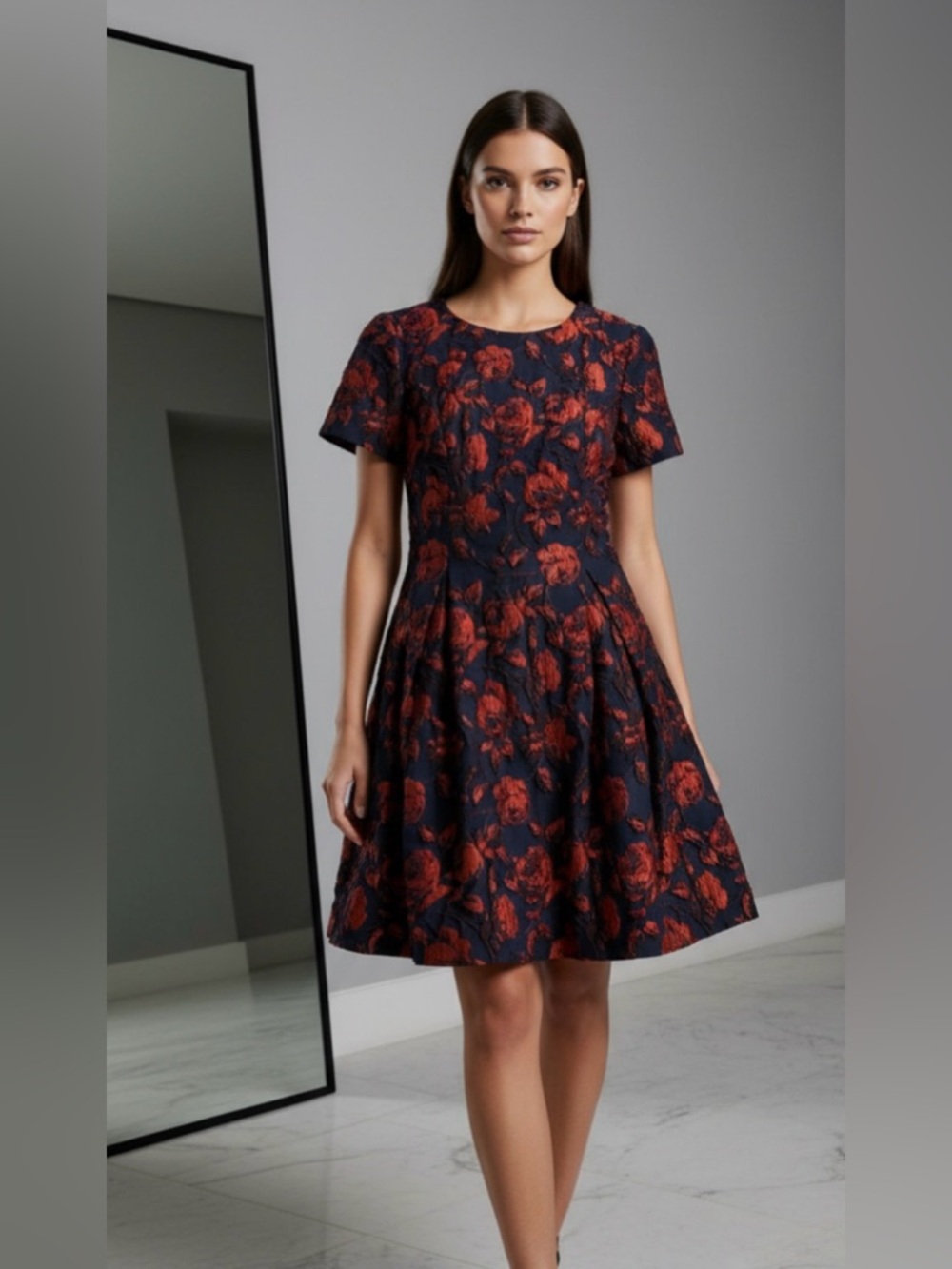 Vince Camuto Navy Dress with Red / Burnt Orange Floral Jacquard